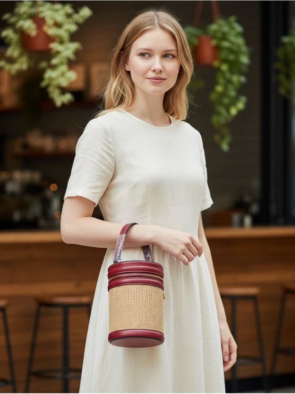 House of Harlow 1960 Woven Straw Cylinder Crossbody Bag Red NWT